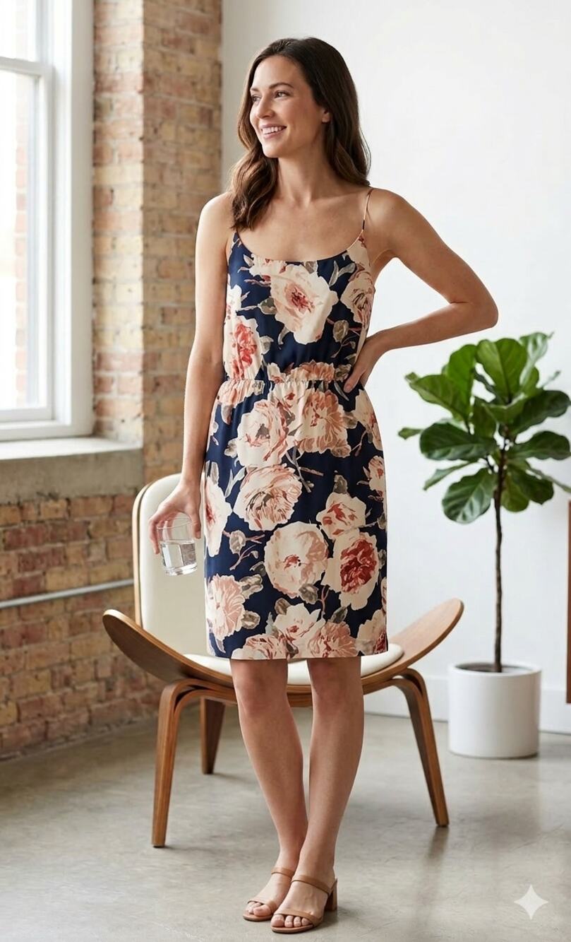 J.Crew Scoop Neck Spaghetti Strap 100% Silk Floral Mini Dress Navy Cream Size 2
